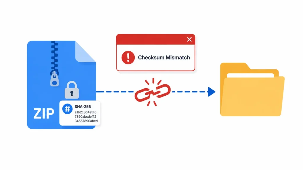 ZIP archive file extraction failing due to a checksum mismatch error