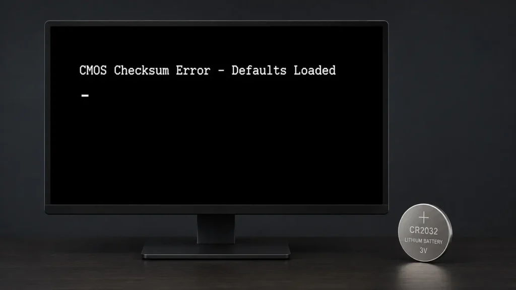 BIOS boot screen showing CMOS checksum error message with a CR2032 coin cell battery beside a monitor