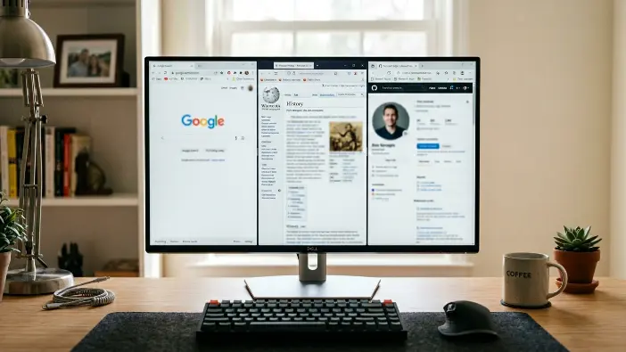 Three browser windows open on a desktop monitor showing Chrome Safari and Firefox loading pages fast