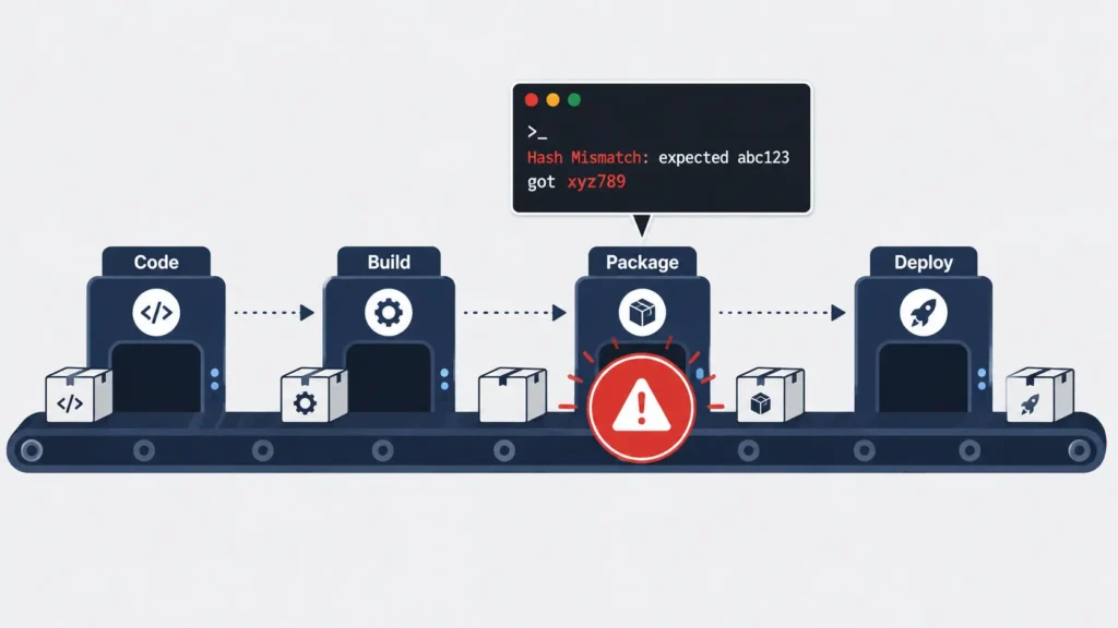 CI/CD pipeline diagram showing a hash mismatch checksum error at the package