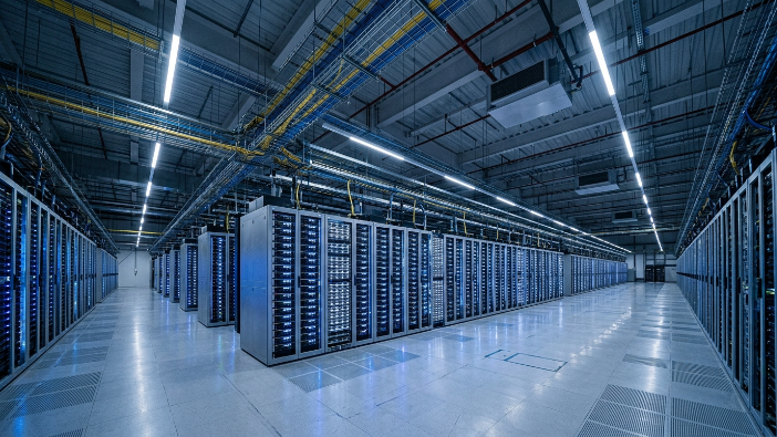 Multiple server towers in a large data center representing cloud computing distributed infrastructure
