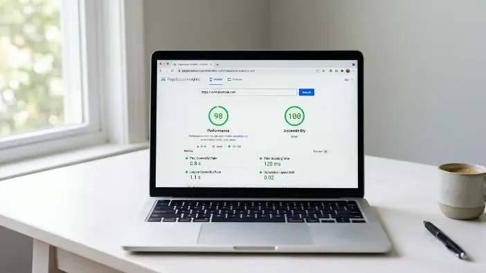 Laptop showing Google PageSpeed Insights results with Core Web Vitals LCP CLS and INP scores