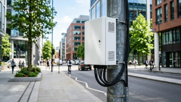 Small edge server unit installed near a street showing local data processing close to end users