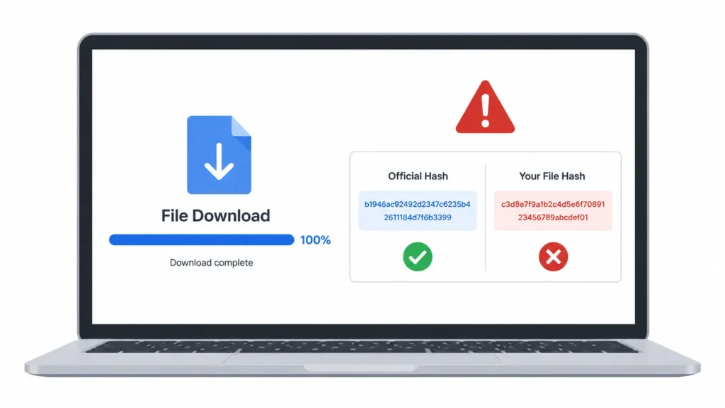 File download checksum mismatch showing official hash versus downloaded file hash comparison