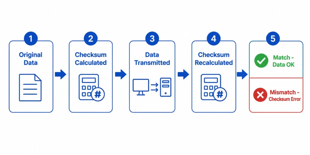 How a checksum works: a 5-step flow diagram showing data verification