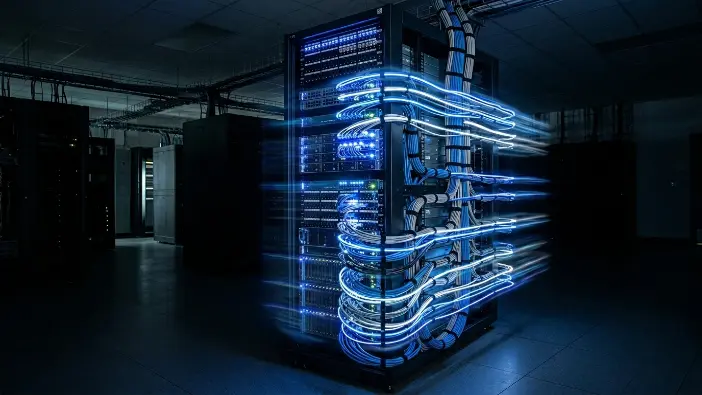 Server rack with network cables showing high speed HTTP/3 data communication infrastructure