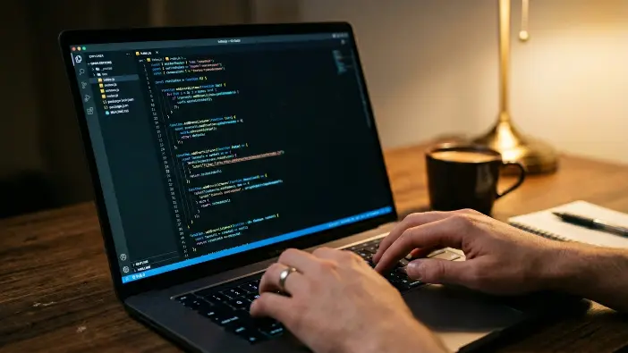 Developer writing JavaScript code on a laptop screen showing V8 engine performance optimization