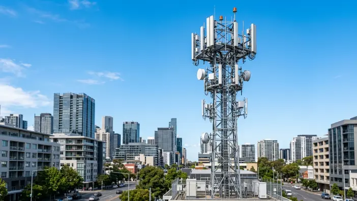 5G tower in an urban area representing mobile network evolution from 3G to 5G internet speeds