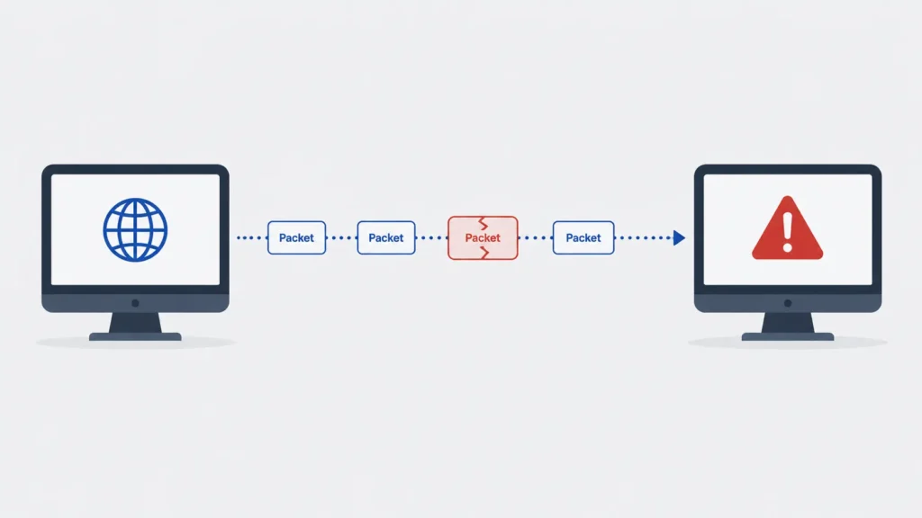 Network transmission diagram showing a corrupted data packet causing a checksum error between two computers