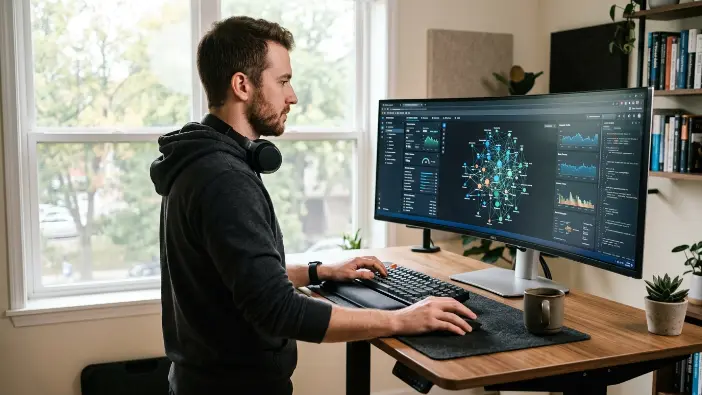 Developer running a complex data visualization application inside a browser tab using WebAssembly