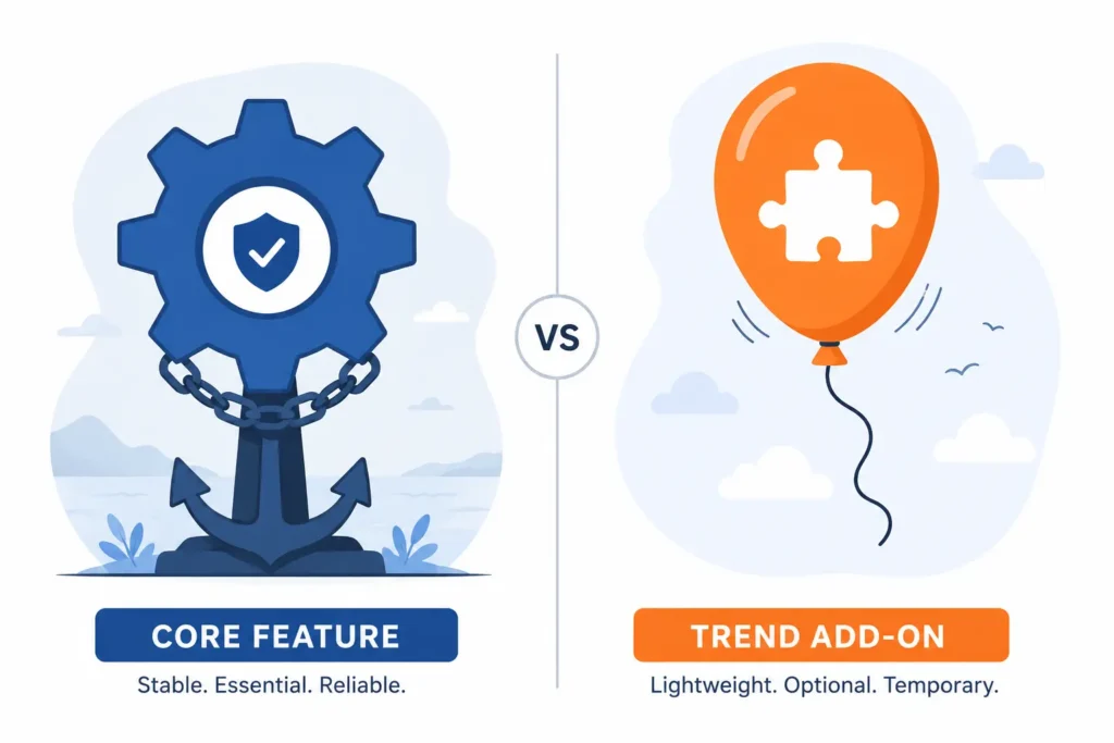 Illustration comparing a stable core CRM feature to a lightweight, trend-based AI add-on