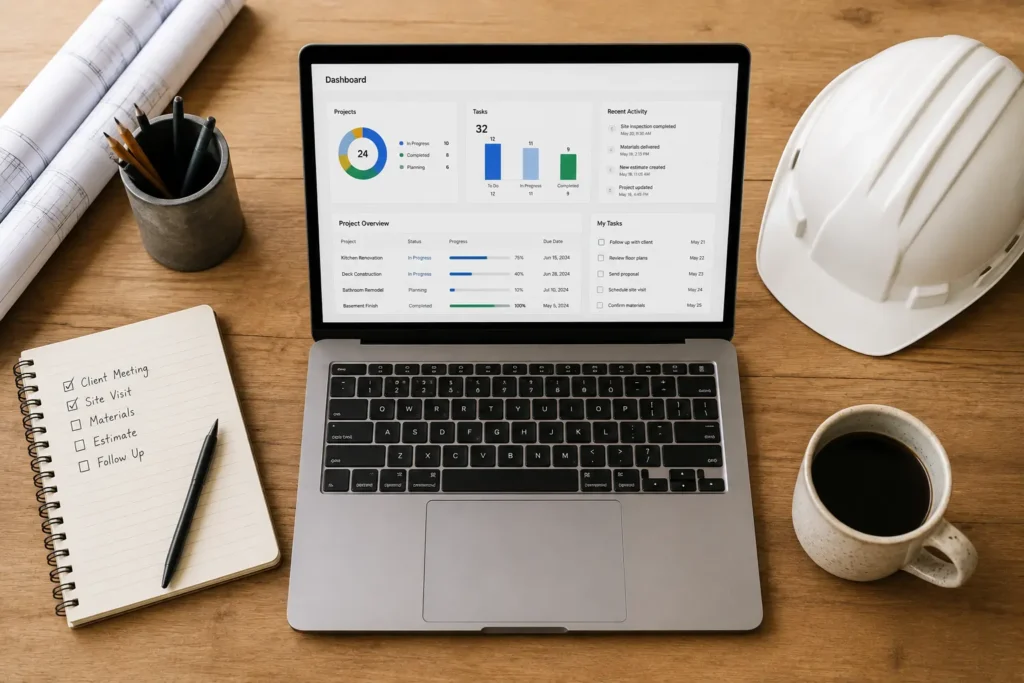 Contractor comparing CRM software options at a desk