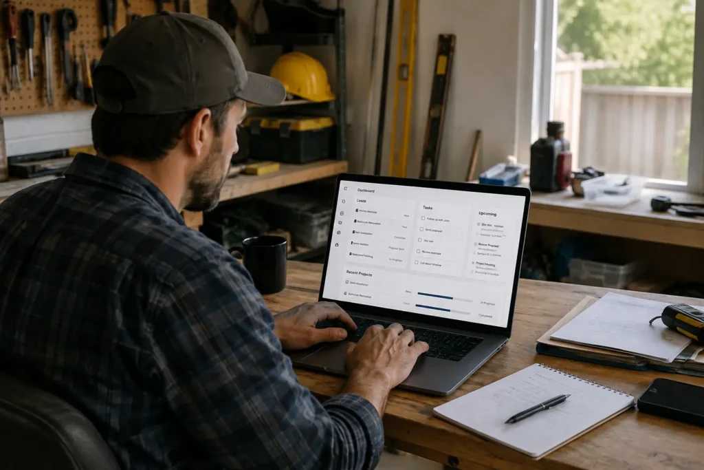 Solo contractor managing leads from a small home office