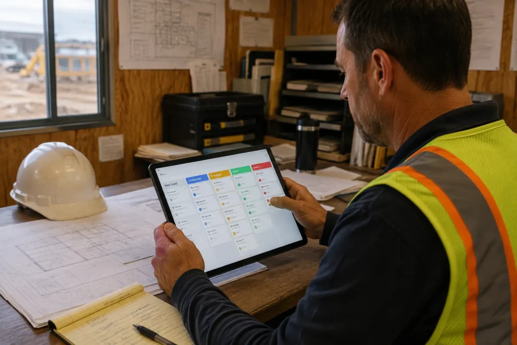 General contractor reviewing bids and project pipeline on a tablet