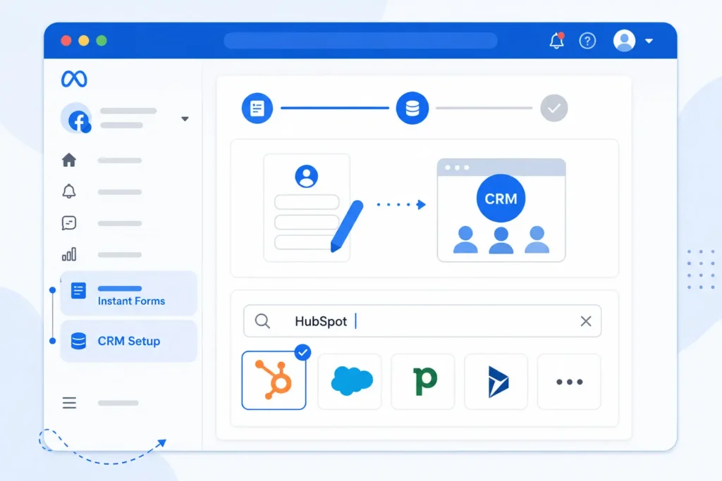 Meta Business Suite CRM Setup screen used to connect Facebook Lead Ads