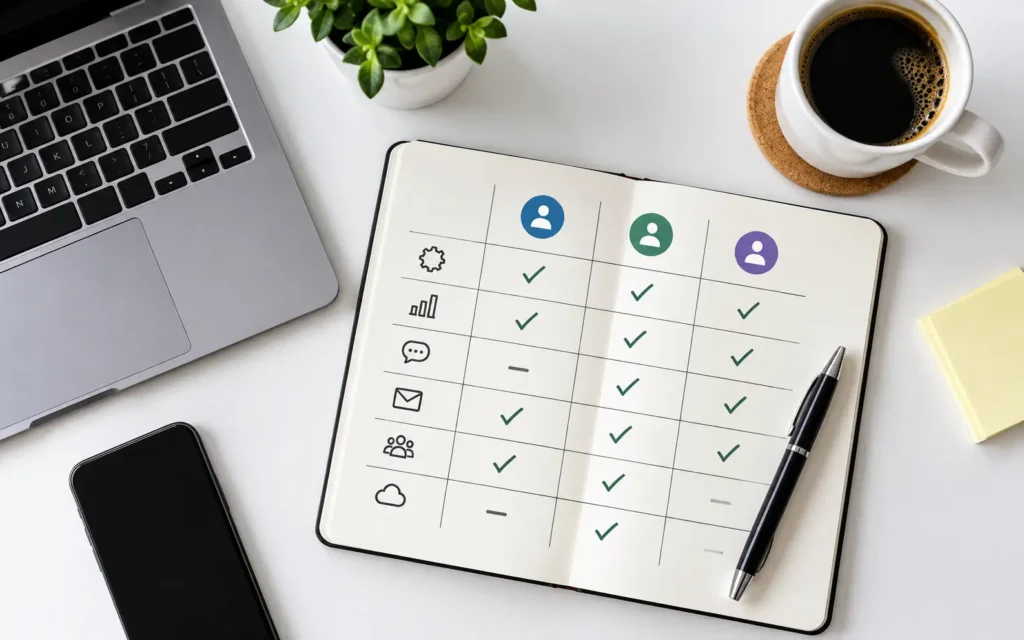 CRM comparison planning for insurance agents with notebook and laptop on desk