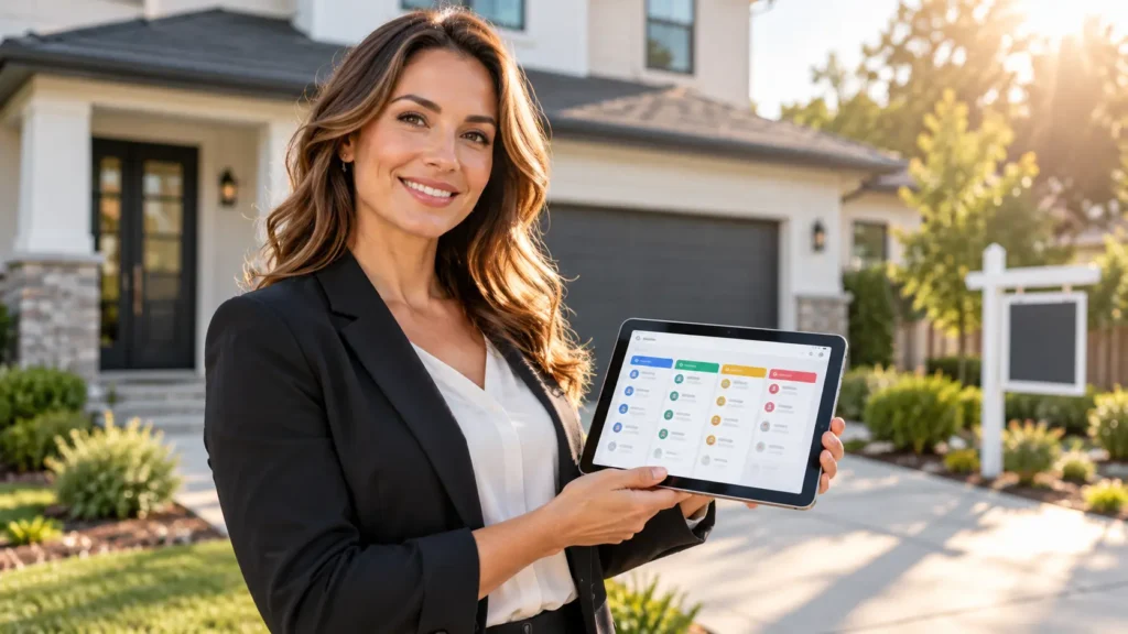 Real estate agent using a real estate agent CRM on a tablet outside a property